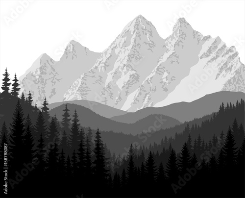 Grey mountains forest retro vintage vector background illustration.
