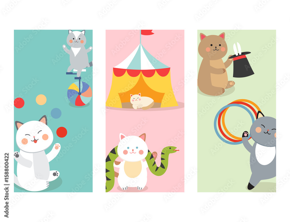 Fototapeta premium Circus cats cards vector cheerful illustration for kids with little domestic cartoon animals playing mammal
