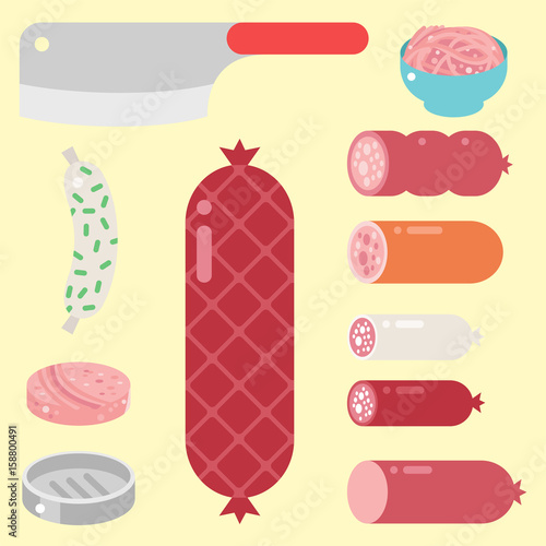 Meat products ingredient and rustic elements preparation equipment food flat vector illustration.