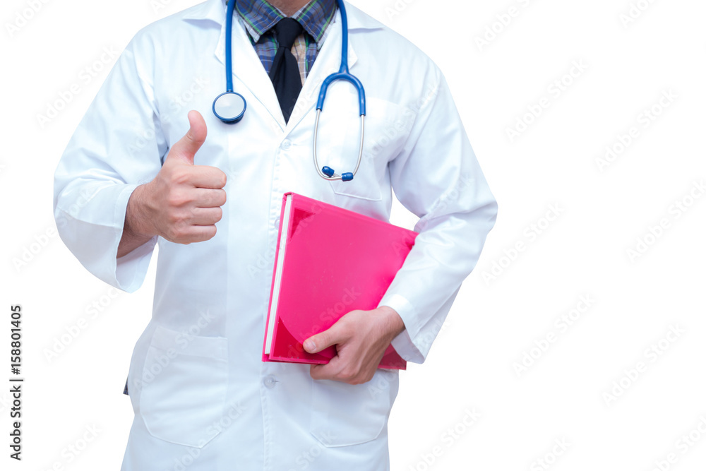 close up of male doctor hand showing thumbs up and holding file. close up of male doctor hand showing thumbs up and holding file.