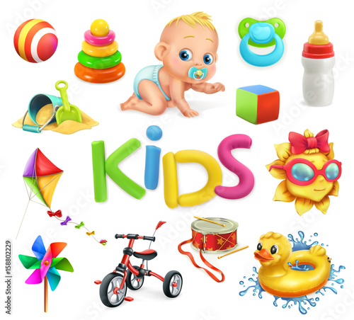 Kids and toys. Children playground, 3d vector icons set