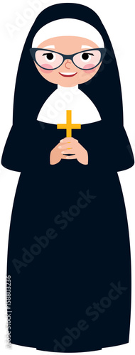 Elderly catholic nun in traditional monastic clothes with a cross in hands