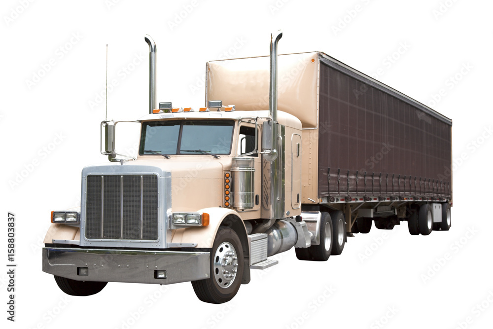 Brown semi truck and trailer. Isolated