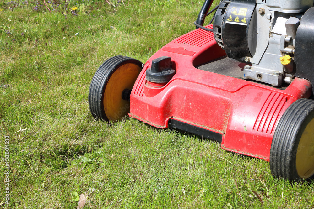 Detail of dethatcher, also known as lawn scarifier - device that removes thatch from lawns; on mowed lawn; machine with gasoline engine Detail of dethatcher, also known as lawn scarifier - device that removes thatch from lawns; on mowed lawn; machine with gasoline engine