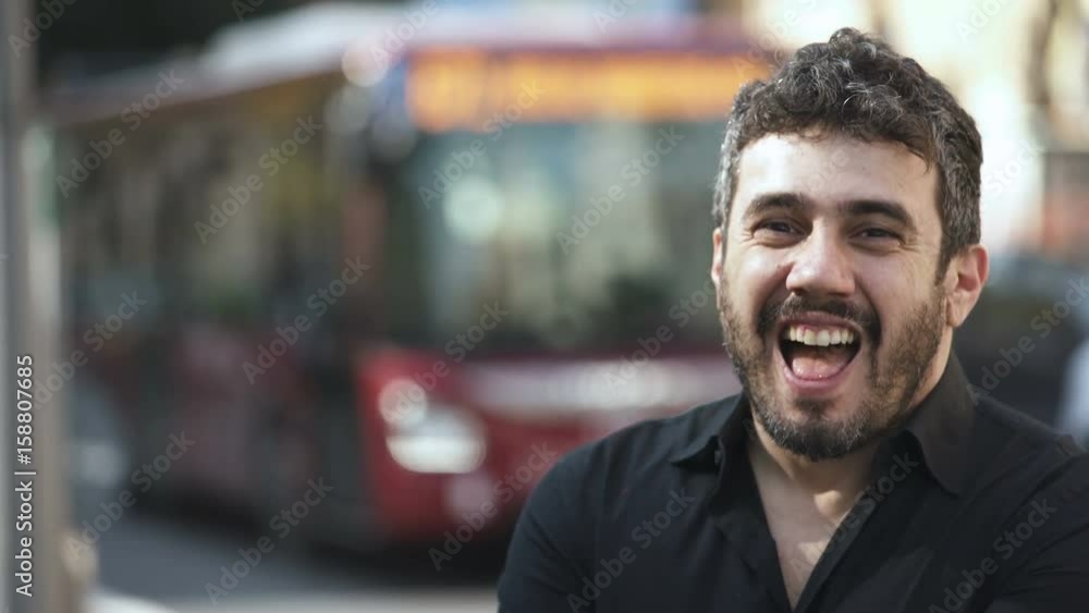 Happy caucasian bearded Man laughing On Street,close up Happy caucasian bearded Man laughing On Street,close up