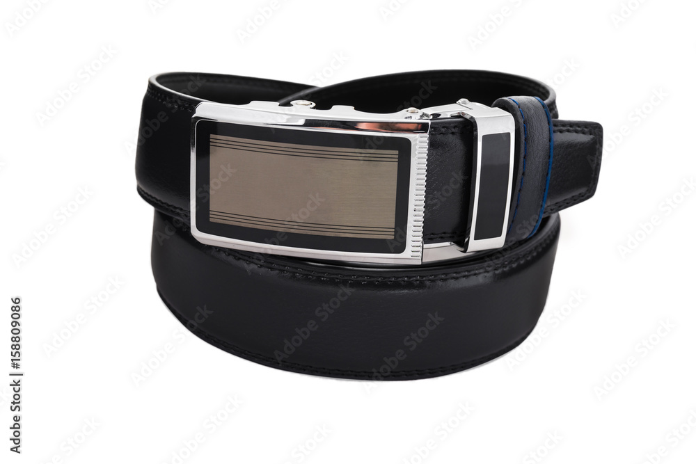 Rolled men's fashionable black leather belt with metal buckle isolated on white background Rolled men's fashionable black leather belt with metal buckle isolated on white background