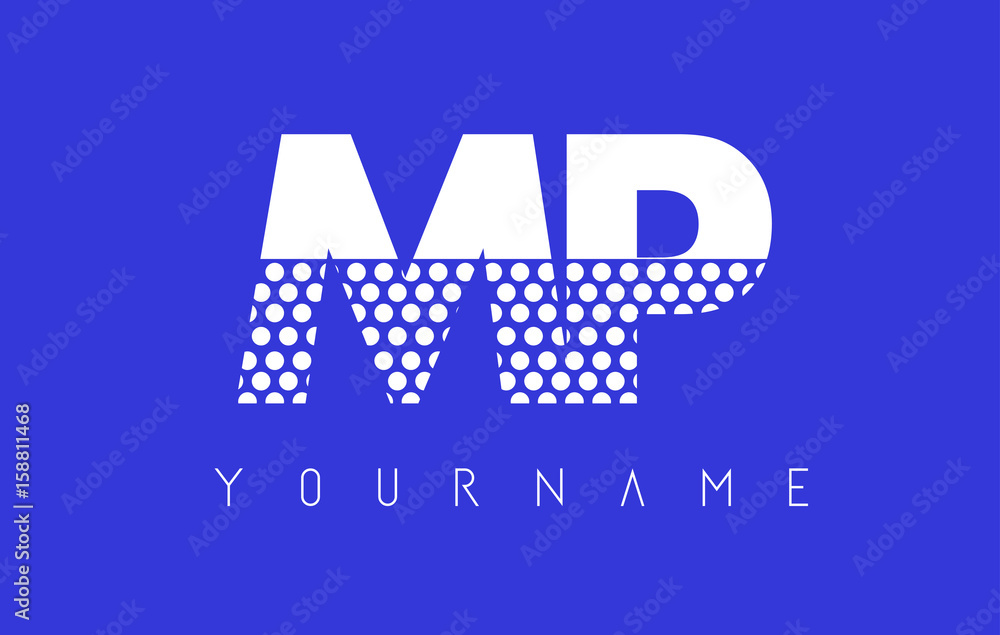 MP M P Dotted Letter Logo Design with Blue Background.