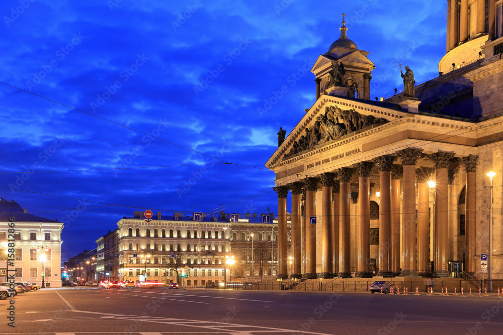 The facade of St. Isaac's Cathedral in the evening in Saint-Petersburg