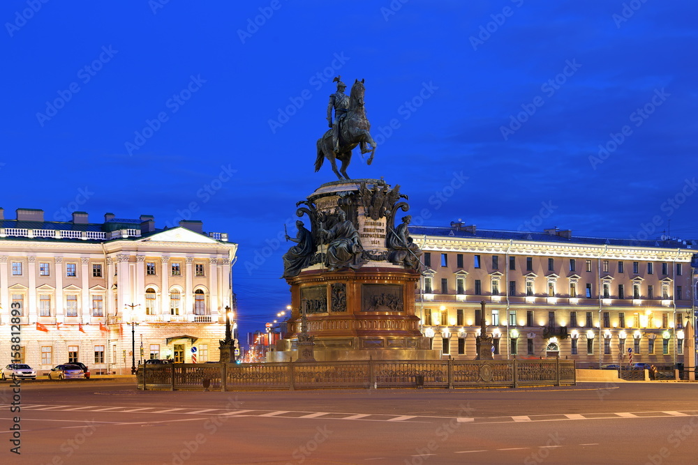The monument to Emperor Nicholas I on St. Isaac's square in the evening