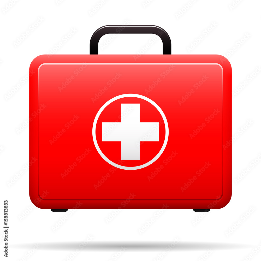 First aid kit. Red case with medical emblem. Box for medications. Suitcase with tools for first aid. Vector . First aid kit. Red case with medical emblem. Box for medications. Suitcase with tools for first aid. Vector .