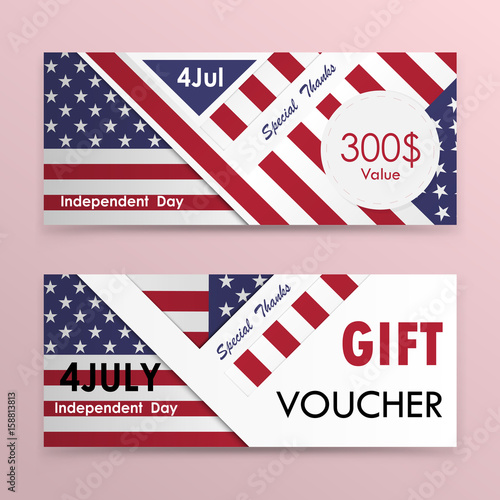 Gift voucher american flag background or certificate coupon template with clean premium modern pattern design.Independence day symbol.