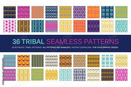Fotografie, Obraz Set of 36 tribal seamless patterns.