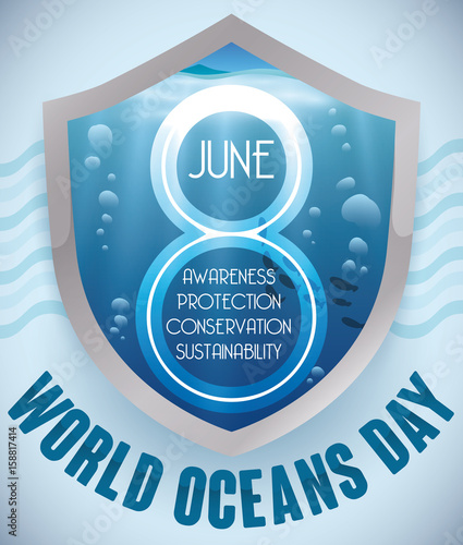 Shield with Underwater View and Reminder Date for Oceans Day, Vector Illustration