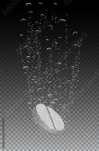  Fizzy tablet with bubble trace in water on transparent background. Vector illustration.