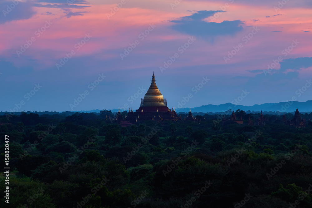Pagoda landscape in the plain of Bagan, Myanmar (Burma)