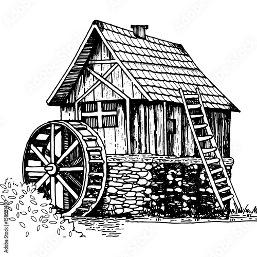 Bild auf Leinwand Old water mill engraving style vector illustration