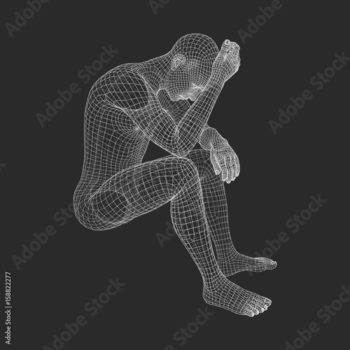 Miserable Depressed Man Sitting and Thinking. Man in a Thinker Pose. 3D Model of Man. Vector Illustration.