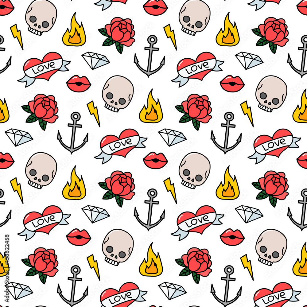 Seamless pattern old school tattoo style, with elements: rose, heart, lips,  skull, fire, lightning, crystal, anchor, on a white background. Stock  Vector | Adobe Stock