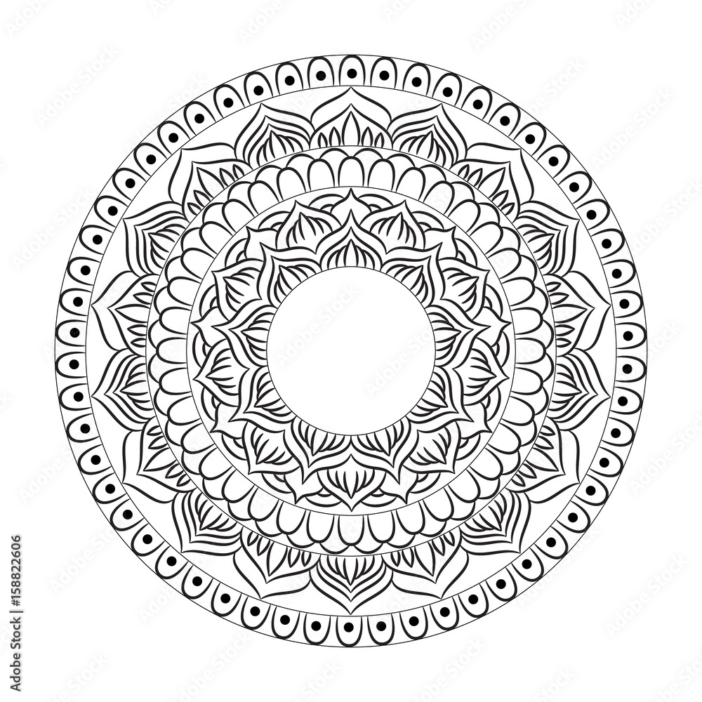 Mandala ornament. Round template. Decorative element  can be used for greeting card, wedding invitation, yoga poster, coloring book.. Doodle emblem.