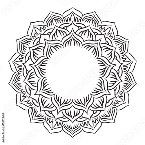 Mandala ornament. Round template. Decorative element  can be used for greeting card, wedding invitation, yoga poster, coloring book.. Doodle emblem.