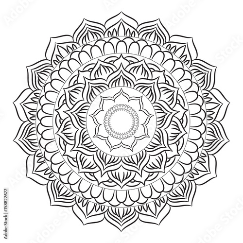 Mandala ornament. Round template. Decorative element  can be used for greeting card, wedding invitation, yoga poster, coloring book.. Doodle emblem.