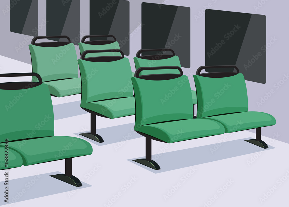 Empty bus interior. View inside the means of transport. Cartoon vector  illustration. Stock Vector | Adobe Stock