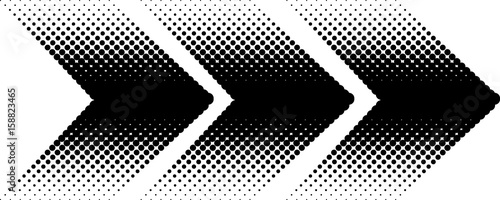 Halftone pattern. Background with dots, circles. Arrow indicates the direction of movement. The dynamic style. Black and white vector illustration