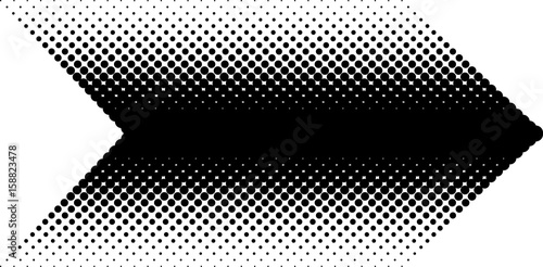 Halftone pattern. Background with dots, circles. Arrow indicates the direction of movement. The dynamic style. Black and white vector illustration