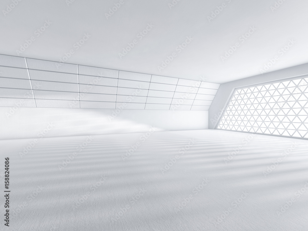 Fototapeta premium Abstract modern architecture background, empty white open space interior with windows and concrete walls. 3D rendering