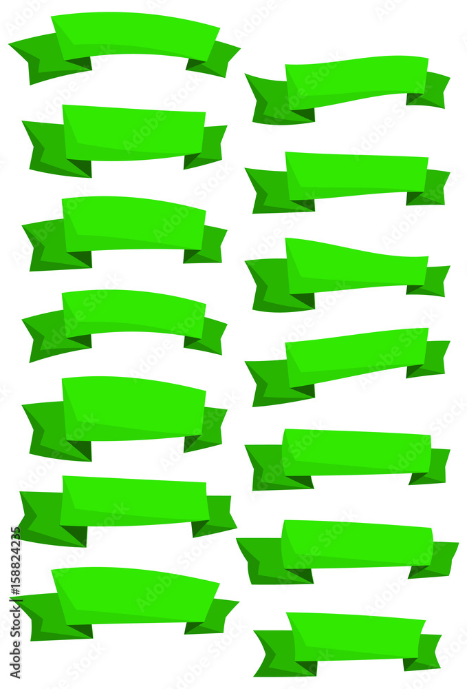 Set of green cartoon ribbons and banners for web design. Great design element isolated on white background. Vector illustration.
