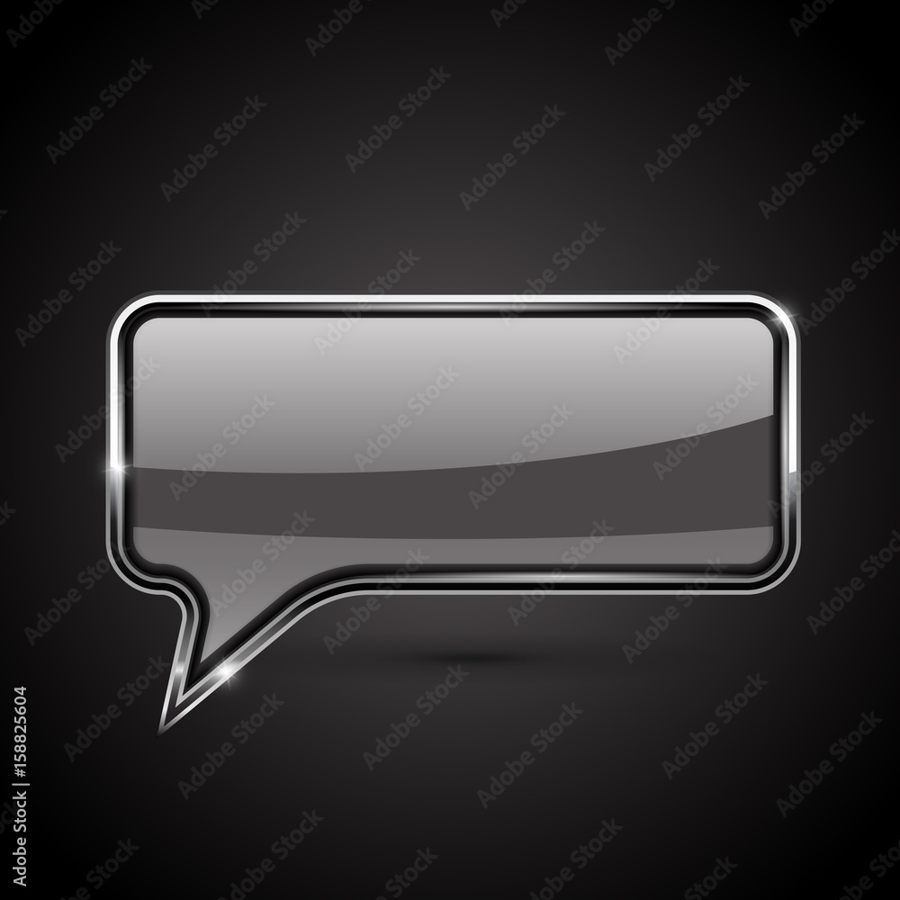 Fototapeta premium Speech bubble. Glass 3d icon on black background
