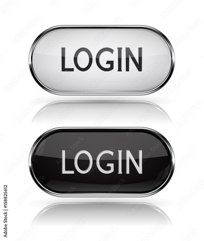 Login black and white oval buttons with metal frame Login black and white oval buttons with metal frame