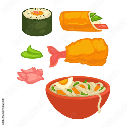 Sushi rolls and Japanese cuisine food snacks vector flat icons