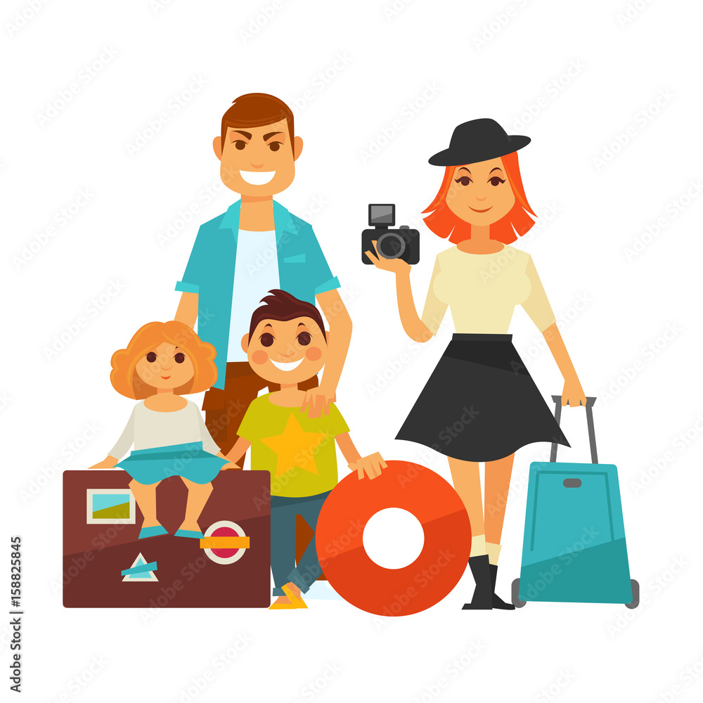 Family people travel vector flat icons woman, man and children vacation trip Family people travel vector flat icons woman, man and children vacation trip