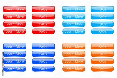 Set of colored buttons LEARN MORE and FAQs. Oval web icons