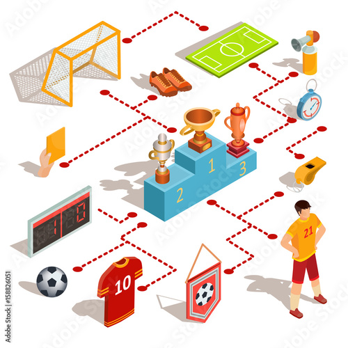 Set of vector isometric soccer icons - soccer field, ball, whistle, soccer goal, football player, referee hand with yellow card, scoreboard and pedestal winners with prize-winning cups