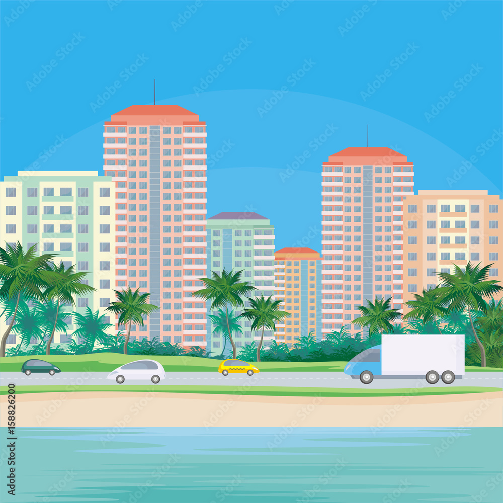The image of a coastal city. The road along the sea. Beautiful summer landscape. Vector background.