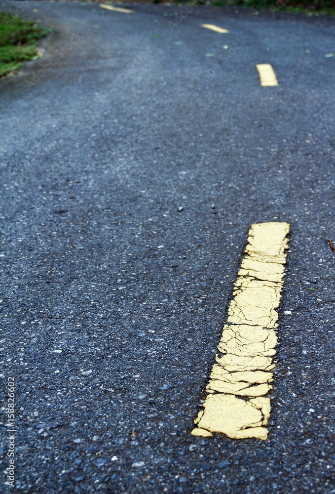 Fototapeta premium Road not straight / Yellow line on the road shows way not straight