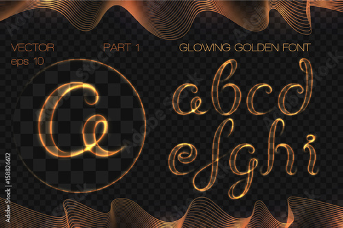 VECTOR eps 10. GLOWING GOLDEN FONT. Part 1.  Hand drawn alphabet a b c d e f g h i.
