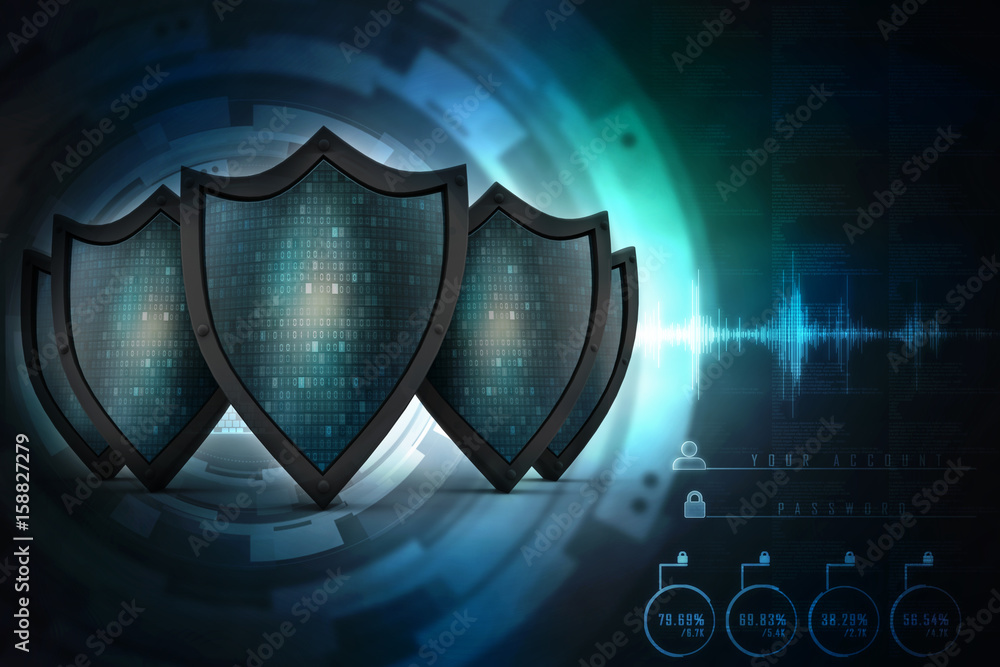 Fototapeta premium 3d illustration Security concept - shield on digital code background