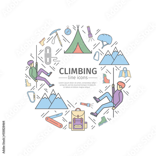 Rock-climbing web banner, sports equipment. Advertising template.