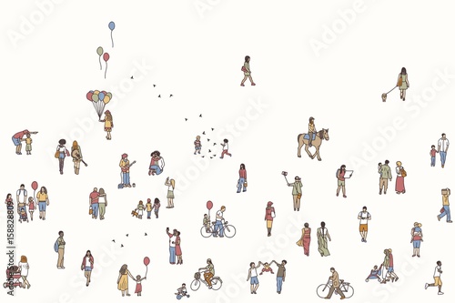 Seamless banner of tiny people, can be tiled horizontally: pedestrians in the street, a diverse collection of small hand drawn men and women walking through the city