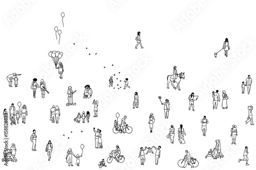 Seamless banner of tiny people, can be tiled horizontally: pedestrians in the street, a diverse collection of small hand drawn men and women walking through the city © Franzi draws