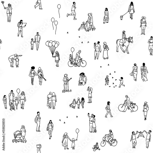 Seamless pattern of tiny people: pedestrians in the street, a diverse collection of small hand drawn men and women walking through the city