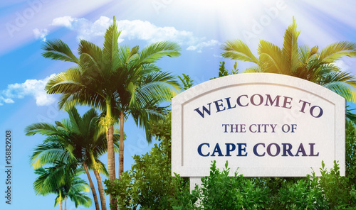 Road board 'Welcome to the city of Cape Coral' (3d-illustration)