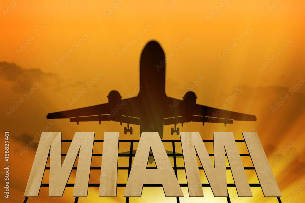 Obraz premium Airplane flying over the sign of Miami at sunset. Signboard of Miami and airplane silhouette (3d-Illustration)