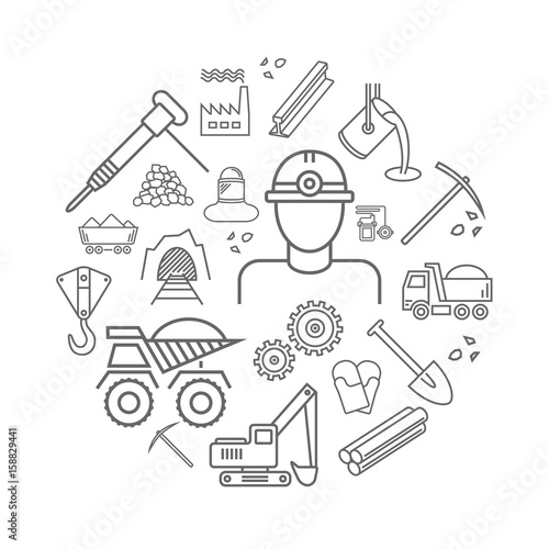 Industry line icons set. Metallurgy and Coal mining sign in a circle