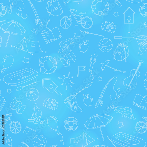 Seamless pattern on the theme of summer camp and vacations, simple contour icons, white  contour on a blue background