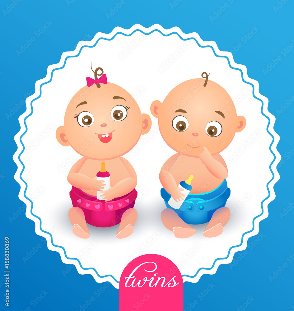 Newborn twin babies, boy and girl. Greeting card. Vector cute cartoon  twins. Twin kids isolated. Small twin kids, children twin couples. Twin  children vector people isolated. Stock Vector | Adobe Stock