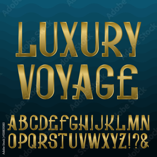 Presentable retro style font. Golden capital letters on blue wavy background. Isolated english alphabet with text Luxury Voyage.